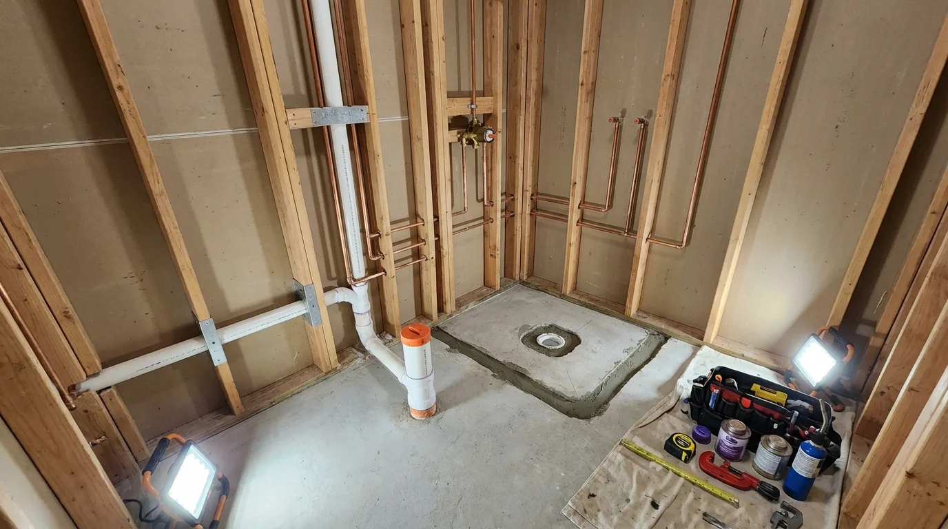 Bathroom rough-in plumbing during remodel by Johns Plumbing LLC in Medical Lake