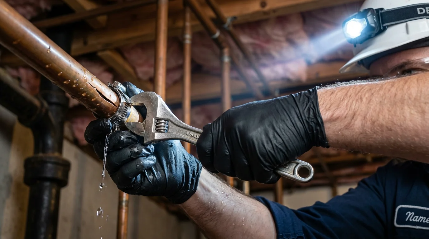 Emergency pipe clamp repair being performed by a Johns Plumbing LLC plumber in Medical Lake