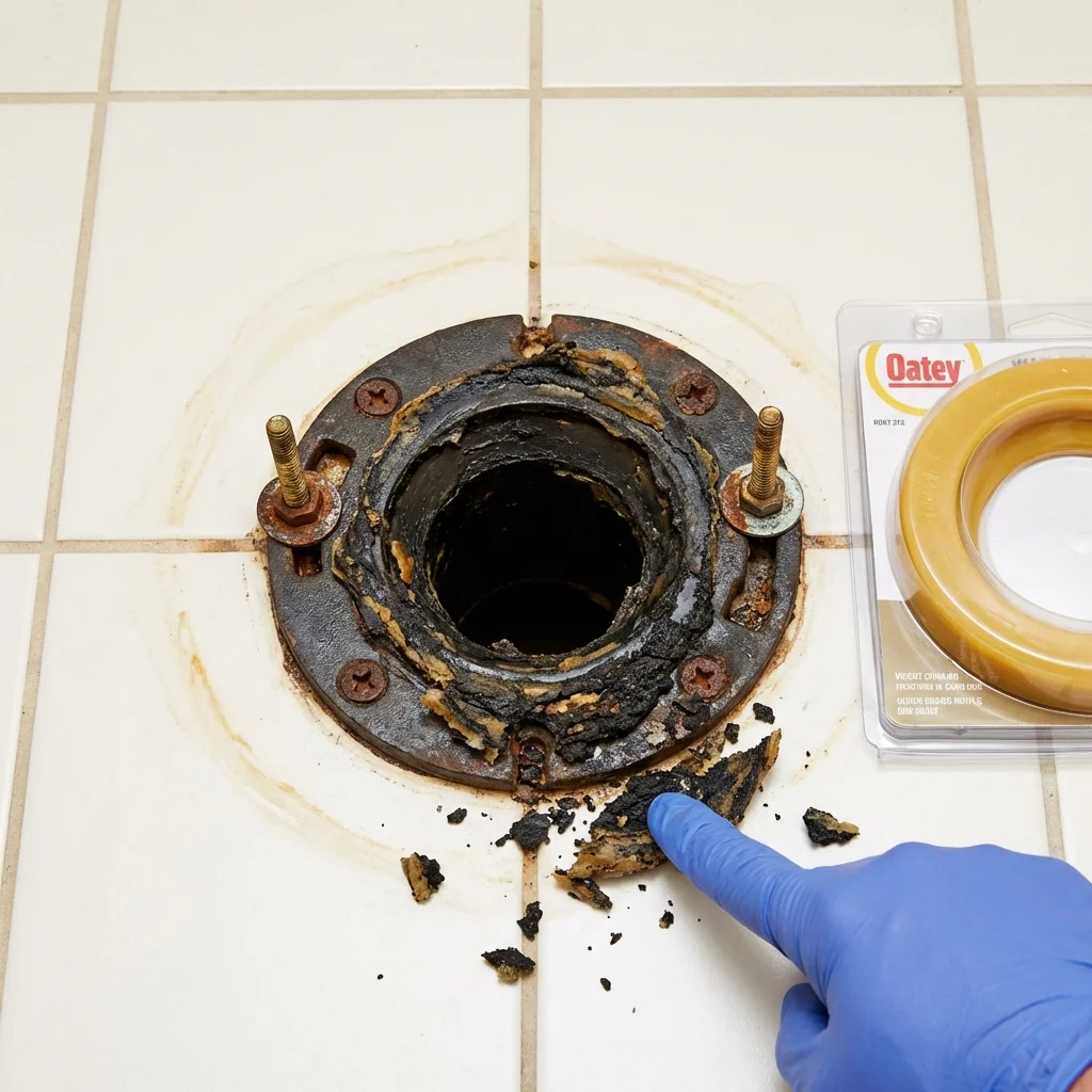 Failed wax ring showing water seepage at the base of a toilet in a Medical Lake, WA home