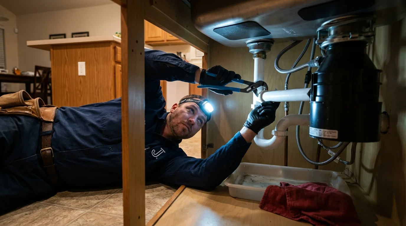 P-trap and supply line connections under a kitchen sink showing a common leak point in Medical Lake, WA